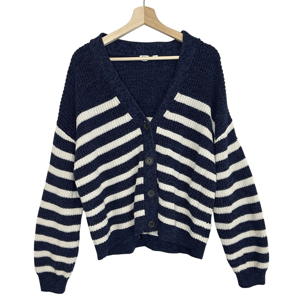 GAP Women XL Navy Blue White Striped Chunky Knit Shaker Stitch Cardigan Sweater